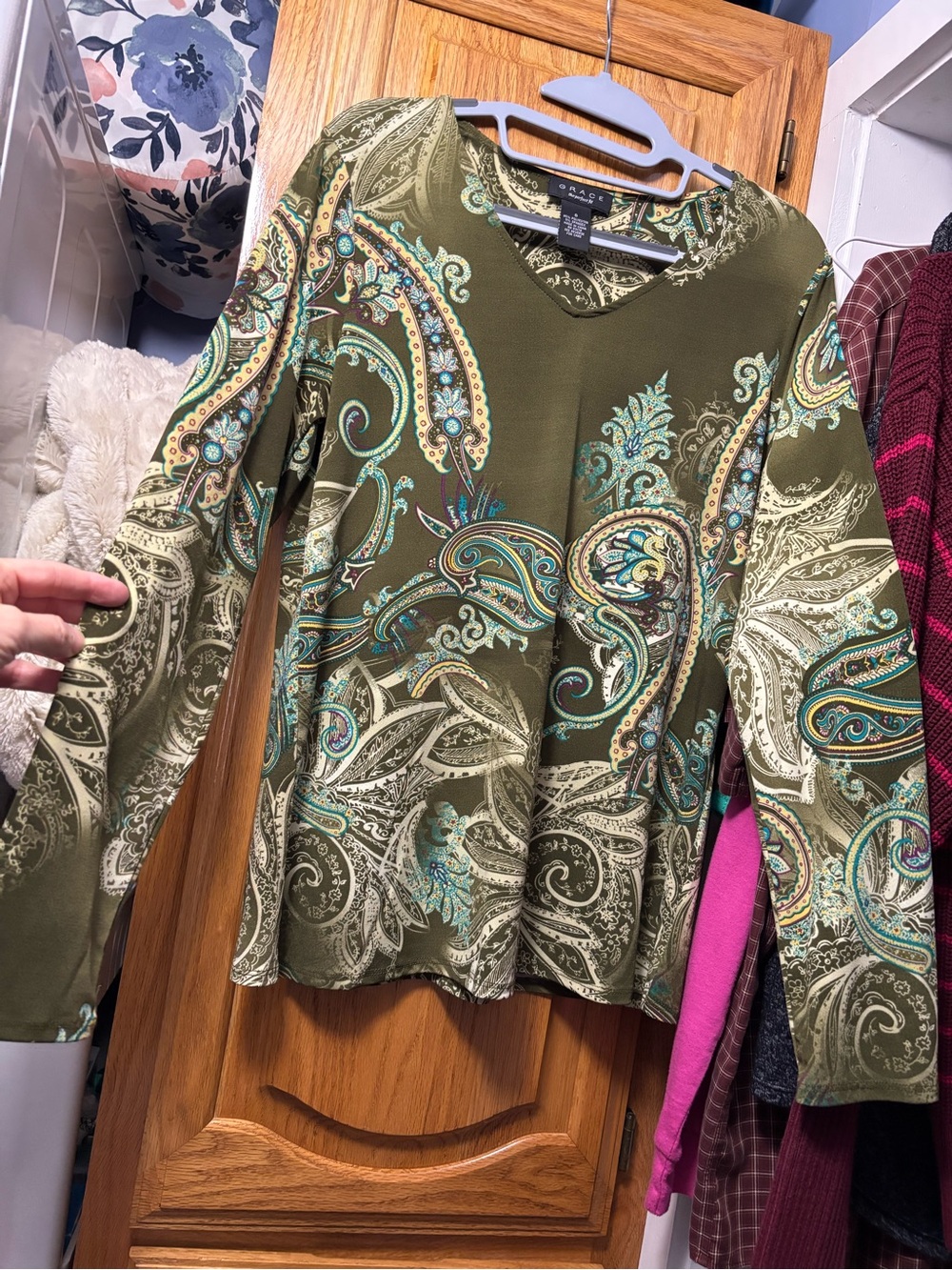 Grace Olive Green Paisley V-Neck Long Sleeve Top with Teal Accents